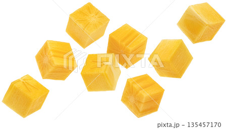 Falling persimmon fruit cubes, fresh kaki pulp slices isolated on white background, full depth of field 135457170