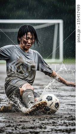 雨の中で泥だらけになりながらスライディングをする女子サッカー部員 135457499