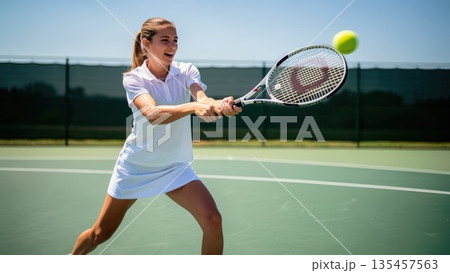 テニスコートで笑顔を見せながらバックハンドを打つテニス選手 テニスコートで笑顔を見せながらバックハンドを打つテニス選手 135457563