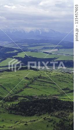 Vast green meadows stretch into the distance with snow-capped mountains rising under a cloudy sky. Vast green meadows stretch into the distance with snow-capped mountains rising under a cloudy sky. 135457603