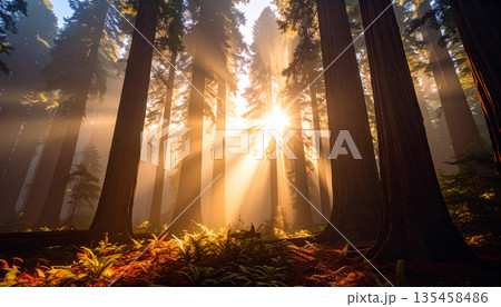 Autumn Fog in Redwood Forest . Nature Concept. Generated Image Autumn Fog in Redwood Forest . Nature Concept. Generated Image 135458486