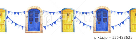Watercolor seamless border with blue and yellow doors and blue striped flags on an isolated background. Realistic illustration with traditional Greek architectural elements for tourism, printing and 135458623