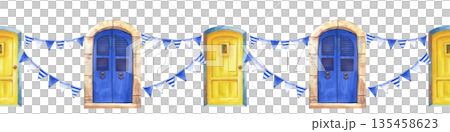 Watercolor seamless border with blue and yellow doors and blue striped flags on an isolated background. Realistic illustration with traditional Greek architectural elements for tourism, printing and 135458623