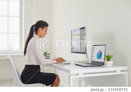 Woman working on home finance at desk with laptop and monitor, budgeting data Woman working on home finance at desk with laptop and monitor, budgeting data 135458735