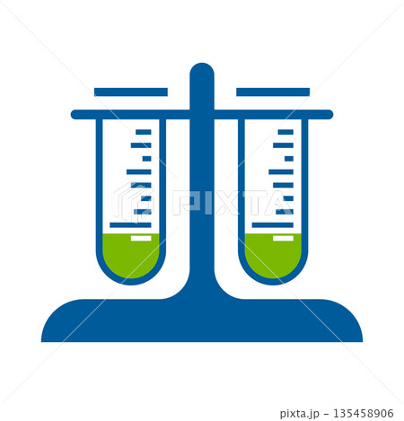 Flat vector illustration of two laboratory test tubes with green liquid on a stand, Flat vector illustration of two laboratory test tubes with green liquid on a stand, 135458906