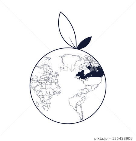 Global ecology concept illustration featuring a world map inside an orange fruit shape with leaves, 135458909