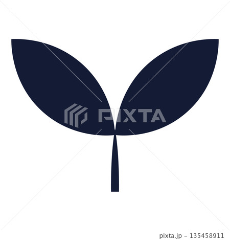 Minimalist sprout icon with two leaves, dark blue solid vector illustration representing plant growth, 135458911