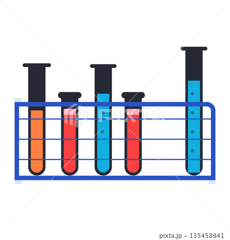 Scientific test tube rack with varying heights and colorful liquid samples for laboratory testing Scientific test tube rack with varying heights and colorful liquid samples for laboratory testing 135458941