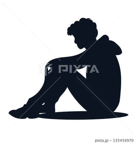 Silhouette of a Sad Person Sitting Curled Up with Head Down Representing Depression Loneliness and Mental Health Silhouette of a Sad Person Sitting Curled Up with Head Down Representing Depression Loneliness and Mental Health 135458970