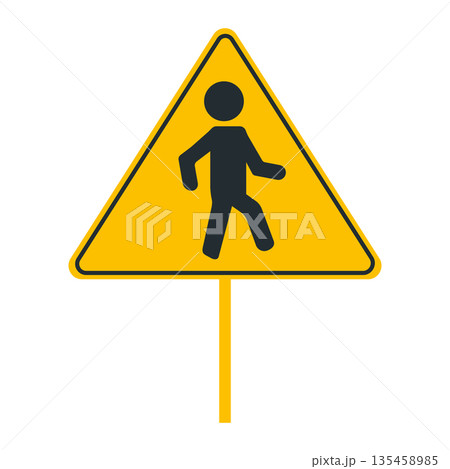 Yellow Triangular Warning Sign for Pedestrians Crossing with Walking Person Silhouette for Road Safety 135458985
