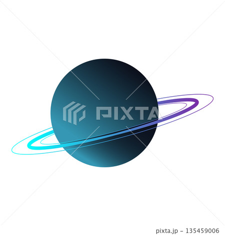 Stylized gas giant planet Saturn illustration with colorful blue and purple rings on white background 135459006
