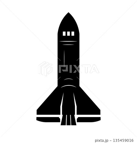 Black silhouette of a space shuttle rocket with detailed engine section ready for mission launch 135459016