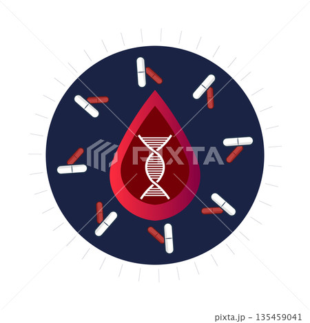 Genetic Research Icon with Blood Drop and DNA Helix, Pharmaceutical Pills and Biotech Concept Design 135459041