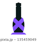 Black liquor bottle silhouette with a purple cross label and base, isolated on a white background. Unique graphic for spirit brand identity or nightlife marketing. 135459049
