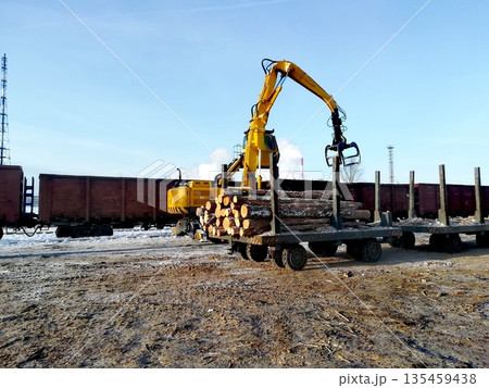 Excavator Loading Timber Logs onto Train. excavator with grapple claw loading pine logs onto freight train wagon at lumber yard. Forestry industry, timber transportation, logging concept. Excavator Loading Timber Logs onto Train. excavator with grapple claw loading pine logs onto freight train wagon at lumber yard. Forestry industry, timber transportation, logging concept. 135459438