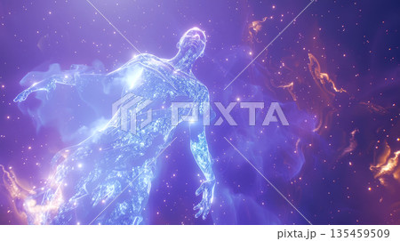 An ethereal being radiates light while levitating in a boundless cosmic realm filled with vibrant stars and swirling nebulae 135459509