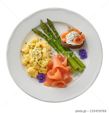 Gourmet breakfast or brunch platter with scrambled eggs, smoked salmon, grilled asparagus, isolated on transparent background Gourmet breakfast or brunch platter with scrambled eggs, smoked salmon, grilled asparagus, isolated on transparent background 135459769
