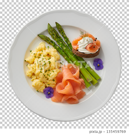 Gourmet breakfast or brunch platter with scrambled eggs, smoked salmon, grilled asparagus, isolated on transparent background Gourmet breakfast or brunch platter with scrambled eggs, smoked salmon, grilled asparagus, isolated on transparent background 135459769