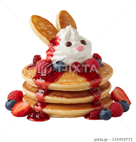 Cute stack of pancakes decorated as a bunny face with berry eyes and whipped cream, perfect for easter brunch, kids' breakfast, or fun meals Cute stack of pancakes decorated as a bunny face with berry eyes and whipped cream, perfect for easter brunch, kids' breakfast, or fun meals 135459771