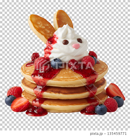 Cute stack of pancakes decorated as a bunny face with berry eyes and whipped cream, perfect for easter brunch, kids' breakfast, or fun meals Cute stack of pancakes decorated as a bunny face with berry eyes and whipped cream, perfect for easter brunch, kids' breakfast, or fun meals 135459771