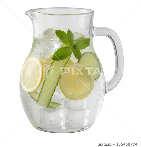 Clear glass pitcher of refreshing infused water with lemon slices, cucumber, mint leaves, isolated. Symbolizes detox, health, and spa water Clear glass pitcher of refreshing infused water with lemon slices, cucumber, mint leaves, isolated. Symbolizes detox, health, and spa water 135459774