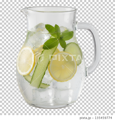 Clear glass pitcher of refreshing infused water with lemon slices, cucumber, mint leaves, isolated. Symbolizes detox, health, and spa water Clear glass pitcher of refreshing infused water with lemon slices, cucumber, mint leaves, isolated. Symbolizes detox, health, and spa water 135459774