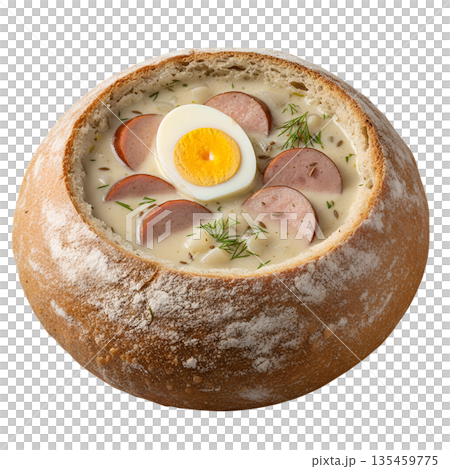 Traditional polish zurek, hearty rye sour soup, served in rustic bread bowl with sausage, egg, herbs. Comforting easter dish 135459775