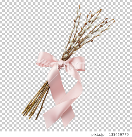 Soft grey pussy willow branches tied with delicate pink ribbon, isolated on transparent background. Simple sign of early spring and easter decor 135459779