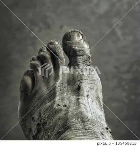 A close-up view of a foot, featuring dirt and unique textures, set against a neutral backdrop A close-up view of a foot, featuring dirt and unique textures, set against a neutral backdrop 135459813