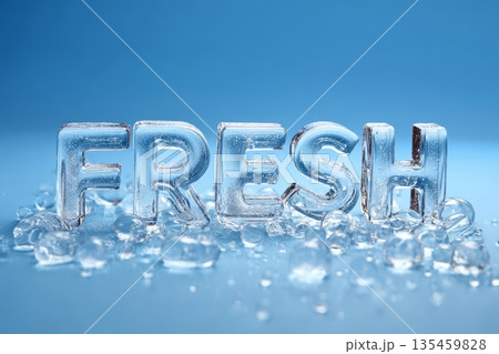 Glass letters form the word fresh as they float above a surface of ice cubes against a soft blue backdrop Glass letters form the word fresh as they float above a surface of ice cubes against a soft blue backdrop 135459828