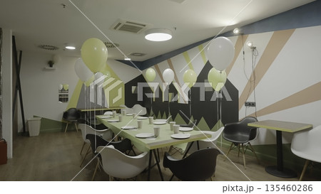 Empty playroom decorated for birthday party. Creative Empty playroom decorated for birthday party. Creative 135460286