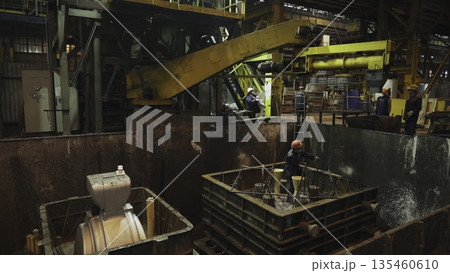 Foundry workers preparing mold for metal casting. Stock clip 135460610