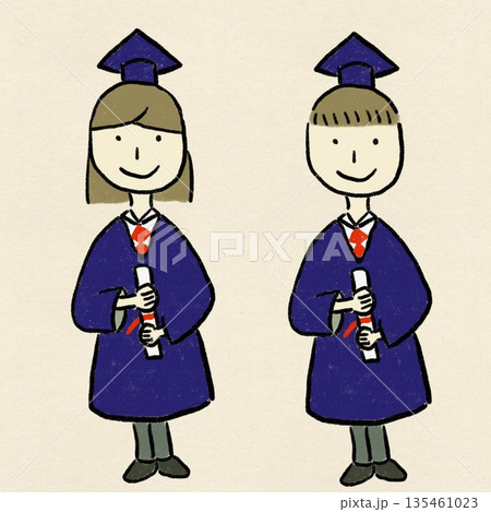和紙背景の卒業式で学位記を持つアカデミックガウン姿の男女学生イラスト 135461023