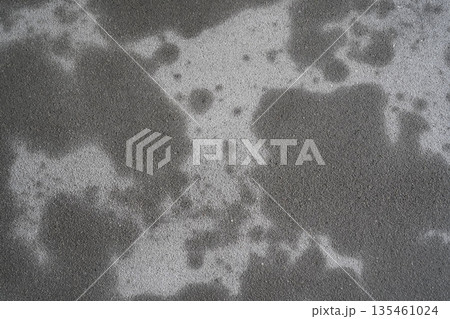 A grey cement plaster wall with dark abstract spots serves as a backdrop for a design. The surface texture of a fresh, wet plaster wall with fine sand grains. 135461024