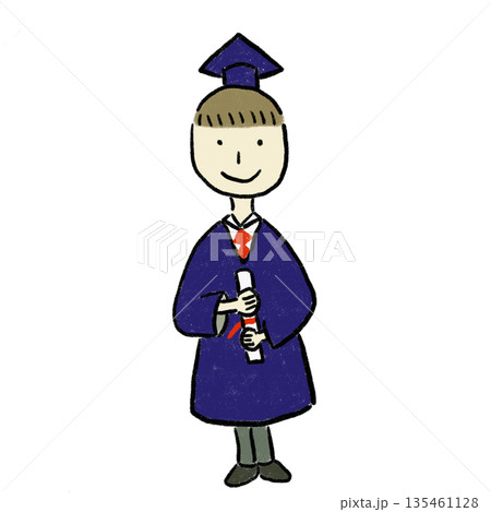 卒業式で学位記を持つアカデミックガウン姿の男子学生イラスト 135461128