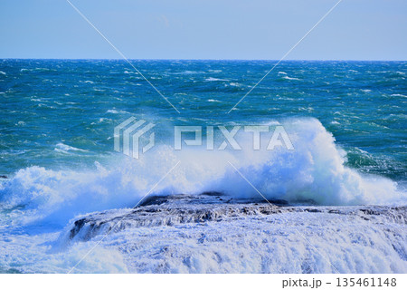 江ノ島　湘南大堤防から観た嵐の前 強風の相模湾 135461148
