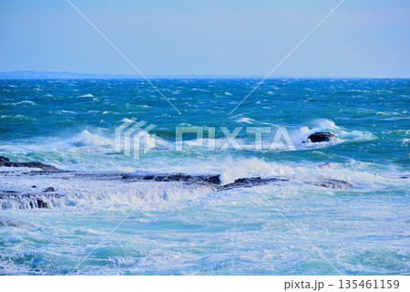 江ノ島　湘南大堤防から観た嵐の前 強風の相模湾 135461159