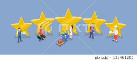3D Isometric Flat Vector Illustration of Hotel Banner, Hotel Staff Team With Five Stars 135461203