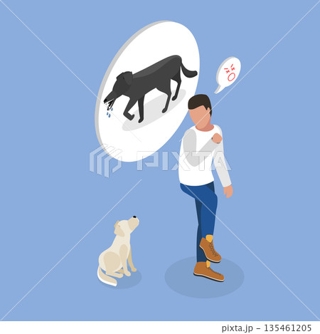 3D Isometric Flat Vector Illustration of Cynophobia, Fear Of Dogs, Mans Bad Experience Typifies Common Human Fear Concept 3D Isometric Flat Vector Illustration of Cynophobia, Fear Of Dogs, Mans Bad Experience Typifies Common Human Fear Concept 135461205