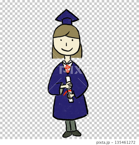 Illustration of a female student in an academic gown holding a diploma at a graduation ceremony 135461272