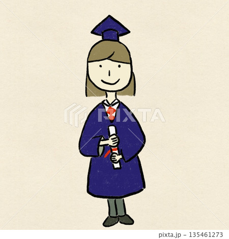 和紙背景の卒業式で学位記を持つアカデミックガウン姿の女子学生イラスト 135461273