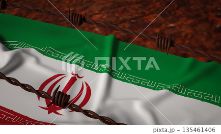 Iran National Flag with Barbed Wire Symbolizing Sanctions and Political Isolation 3d render. Iran National Flag with Barbed Wire Symbolizing Sanctions and Political Isolation 3d render. 135461406
