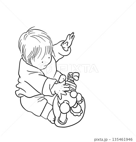 おもちゃで遊ぶ子どもの線画|Child playing with toy line art おもちゃで遊ぶ子どもの線画|Child playing with toy line art 135461946