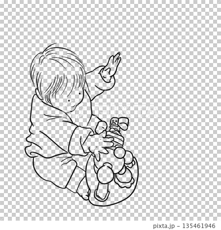 おもちゃで遊ぶ子どもの線画|Child playing with toy line art おもちゃで遊ぶ子どもの線画|Child playing with toy line art 135461946