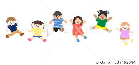 ジャンプする世界各国の子供たち｜フラットスタイルのかわいいイラスト 135462084