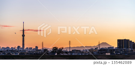 「千葉県」江戸川河川敷から夕景の東京スカイツリーを望む 135462089