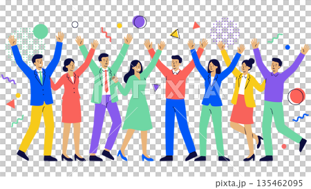 一幅插圖描繪了一個多元化的商業團隊在達成目標後慶祝的場景，他們在漫天飛舞的彩帶中高舉雙臂。 135462095