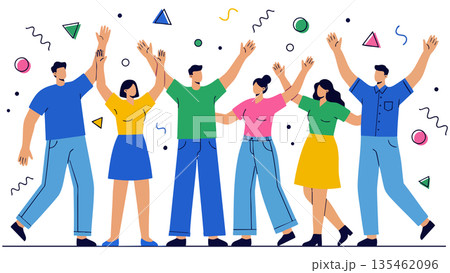 目標を達成し、ひらひらと舞う紙吹雪の中でバンザイ歓喜する多様なビジネスチームのイラスト 目標を達成し、ひらひらと舞う紙吹雪の中でバンザイ歓喜する多様なビジネスチームのイラスト 135462096