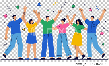 一幅插圖描繪了一個多元化的商業團隊在達成目標後慶祝的場景，他們在漫天飛舞的彩帶中高舉雙臂。 135462096