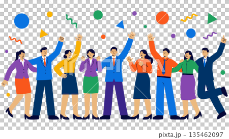 一幅插圖描繪了一個多元化的商業團隊在達成目標後慶祝的場景,他們在漫天飛舞的彩帶中高舉雙臂。 一幅插圖描繪了一個多元化的商業團隊在達成目標後慶祝的場景,他們在漫天飛舞的彩帶中高舉雙臂。 135462097